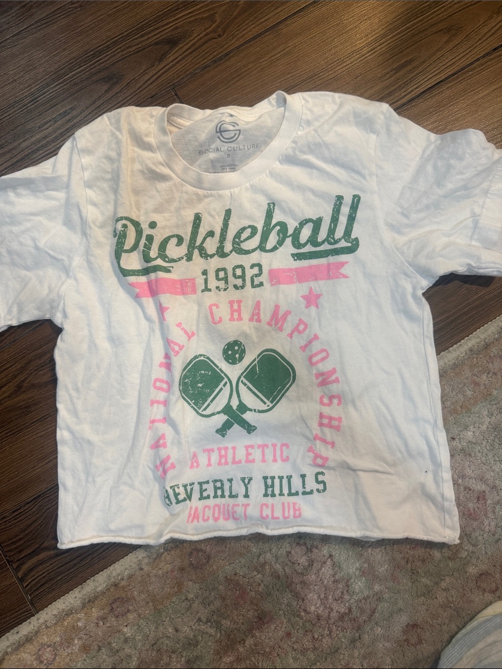 Social Culture White Pickleball Graphic Tee - Pink & Green
